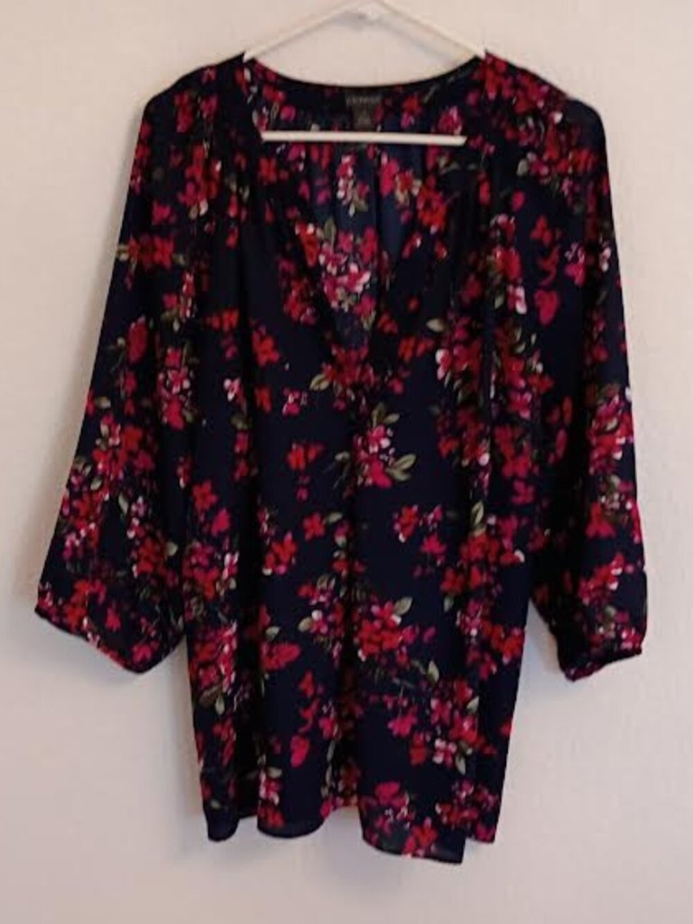 PARAPHRASE WOMEN'S TUNIC TOP NAVY BLUE RED FLORAL 3/4 SLEEVE PLEAT FRONT SIZE 1X